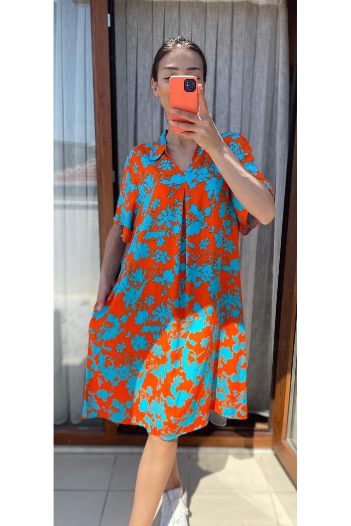 V1 Gömlek Yaka Cepli Desenli Elbise