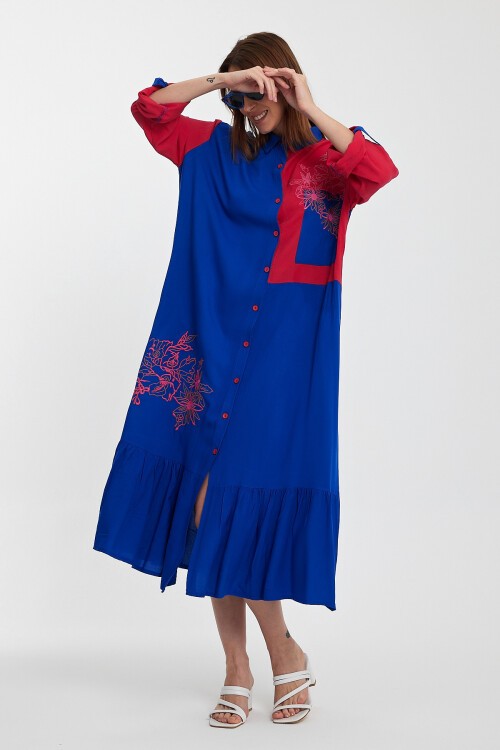 1000 Mavi-Fuşya Etnik Nakışlı Gömlek Elbise