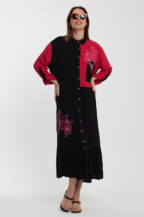 1000 Siyah-Fuşya Etnik Nakışlı Gömlek Elbise