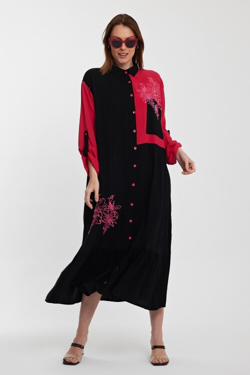 1000 Siyah-Fuşya Etnik Nakışlı Gömlek Elbise