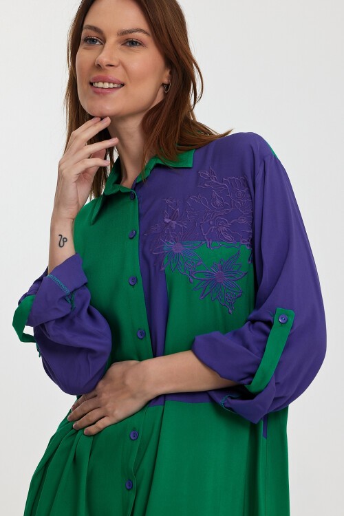 1000 Yeşil-Mor Etnik Nakışlı Gömlek Elbise