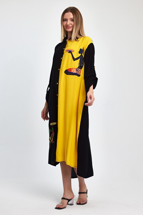 1012 Siyah Sarı Kadın Figür Nakışlı Viskon Gömlek Elbise