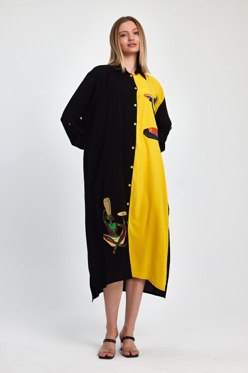 1012 Siyah Sarı Kadın Figür Nakışlı Viskon Gömlek Elbise