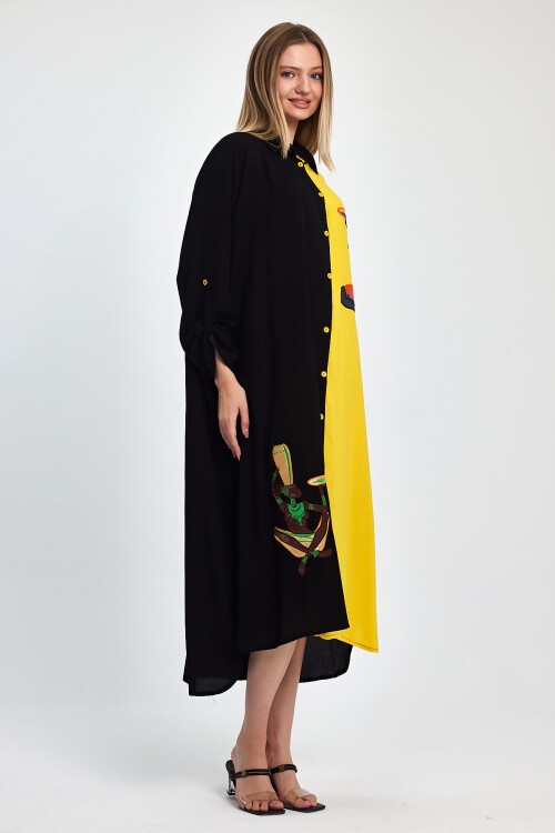 1012 Siyah Sarı Kadın Figür Nakışlı Viskon Gömlek Elbise