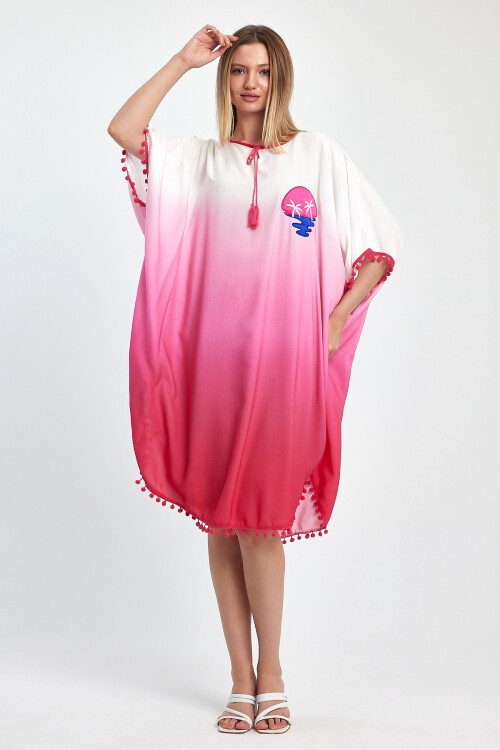 1014 Beyaz Pembe Nakış Detaylı Ponpon Detay Kısa Viskon Elbise