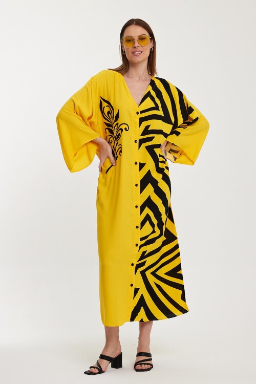 1016 Kadın Otantik Desenli Büyük Beden Gömlek Elbise