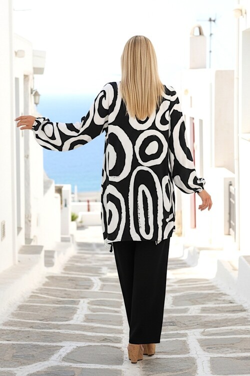 1017 Siyah Beyaz Mavi Desenli Hakim Yaka Viskon Takım