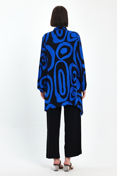 1017 Siyah Saks Mavi Desenli Hakim Yaka Viskon Takım