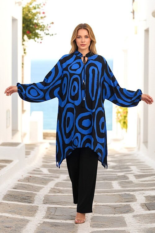 1017 Siyah Saks Mavi Desenli Hakim Yaka Viskon Takım