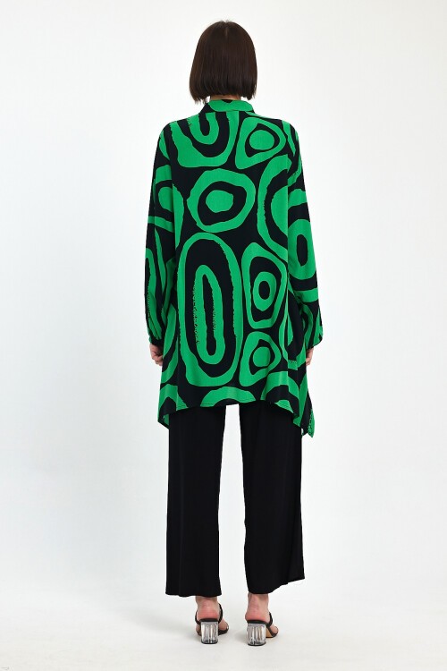 1017 Siyah Yeşil Desenli Hakim Yaka Viskon Takım