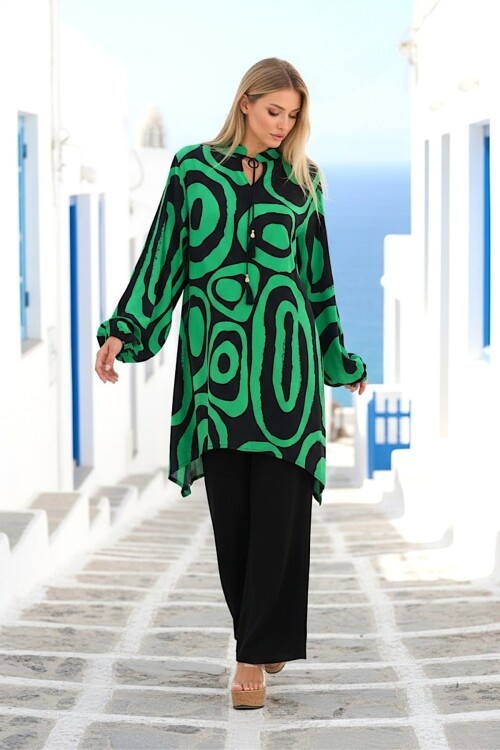 1017 Siyah Yeşil Desenli Hakim Yaka Viskon Takım
