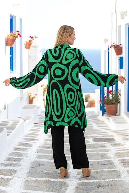 1017 Siyah Yeşil Desenli Hakim Yaka Viskon Takım