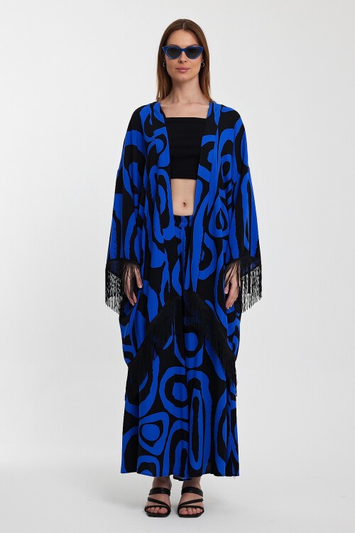 1018 Siyah Saks Mavi Desenli Püskül Detaylı Viskon Takım