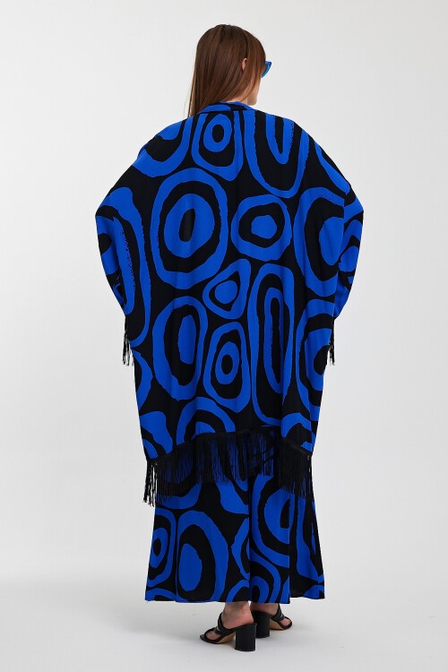 1018 Siyah Saks Mavi Desenli Püskül Detaylı Viskon Takım