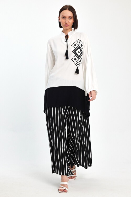 1021 Beyaz Siyah Desenli Hakim Yaka Viskon Takım