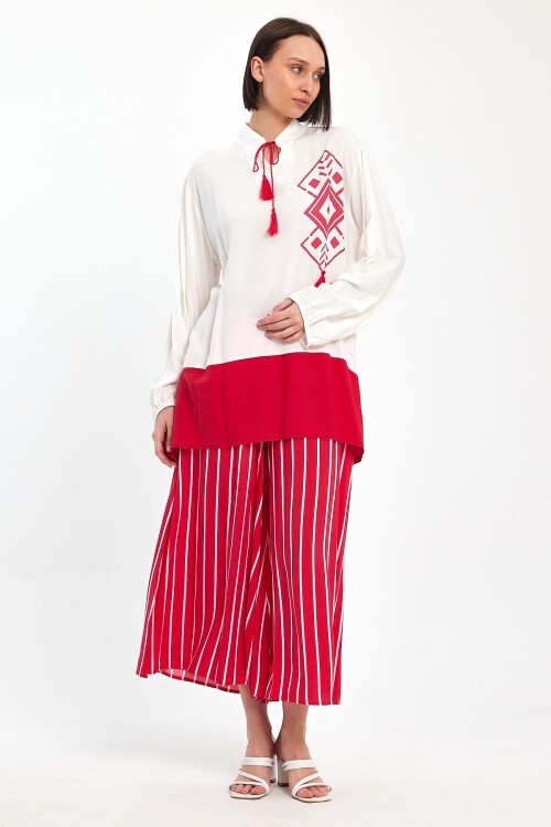 1021 Beyaz Pembe Etnik Desenli Hakim Yaka Viskon Takım