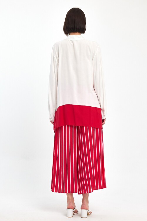 1021 Beyaz Pembe Etnik Desenli Hakim Yaka Viskon Takım