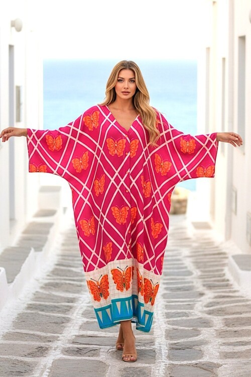 1032 Bordo Kelebek Desenli Gömlek Elbise