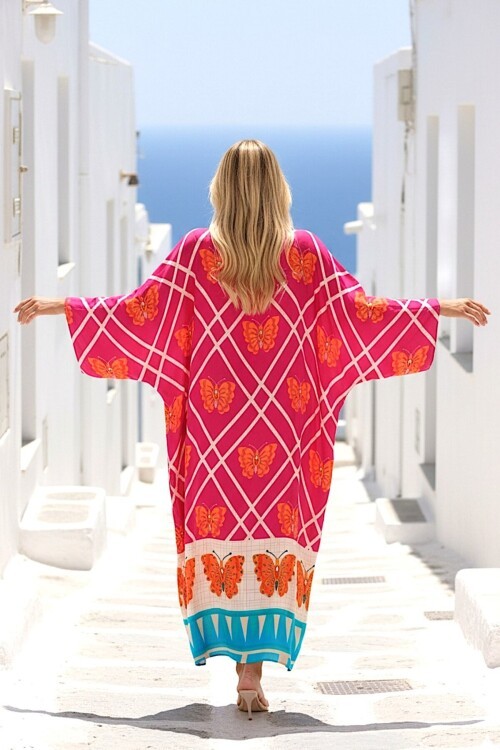 1032 Bordo Kelebek Desenli Gömlek Elbise