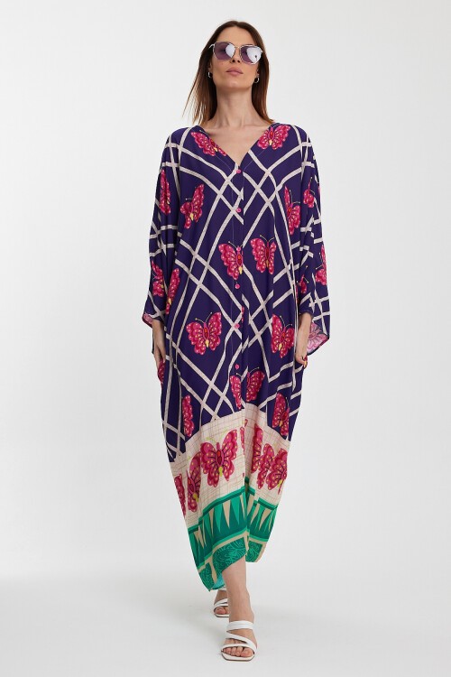 1032 Kadın Desenli Düğmeli Büyük Beden Otanik Gömlek Elbise