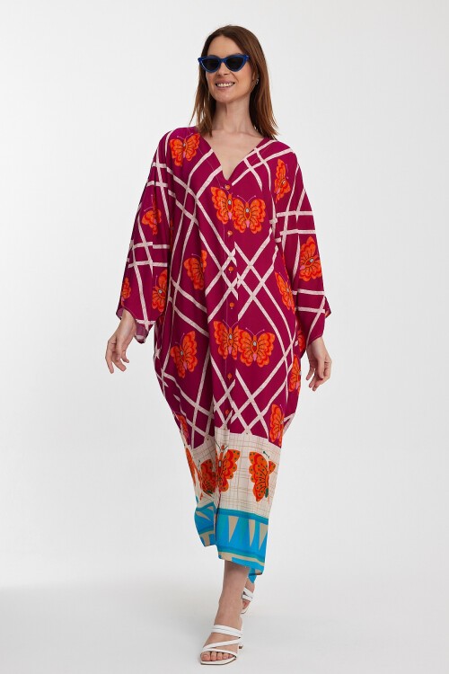 1032 Kadın Desenli Düğmeli Büyük Beden Otanik Gömlek Elbise