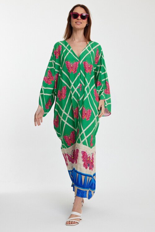 1032 Kadın Desenli Düğmeli Büyük Beden Otanik Gömlek Elbise