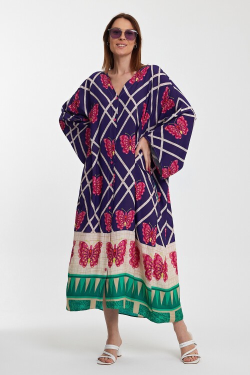 1032 Kadın Desenli Düğmeli Büyük Beden Otanik Gömlek Elbise