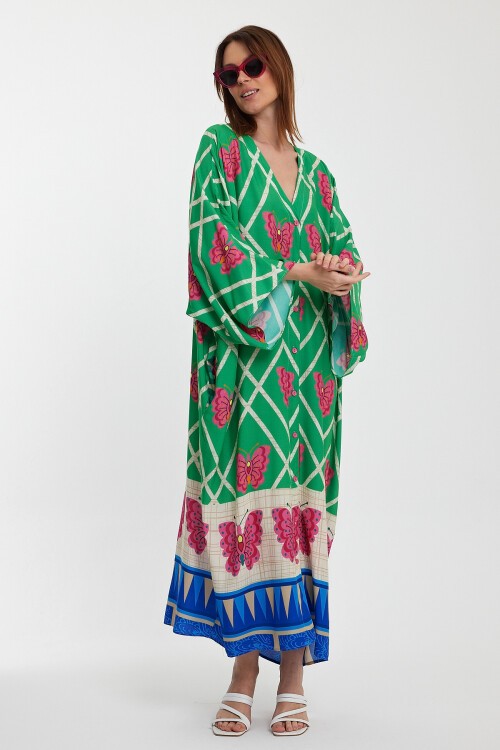 1032 Kadın Desenli Düğmeli Büyük Beden Otanik Gömlek Elbise