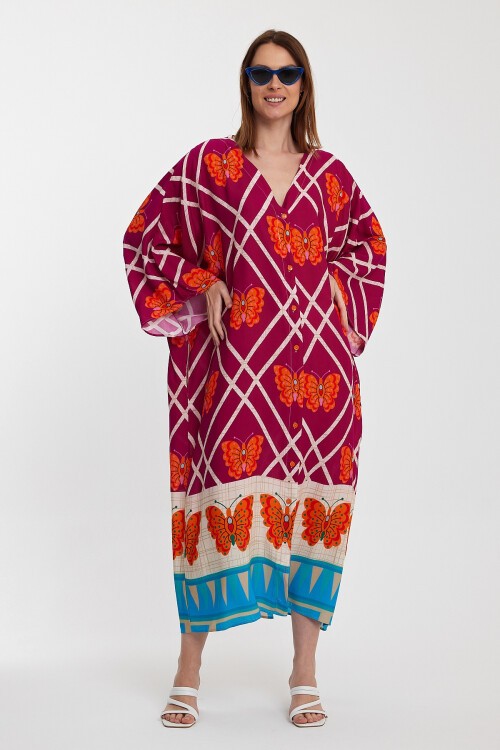 1032 Kadın Desenli Düğmeli Büyük Beden Otanik Gömlek Elbise