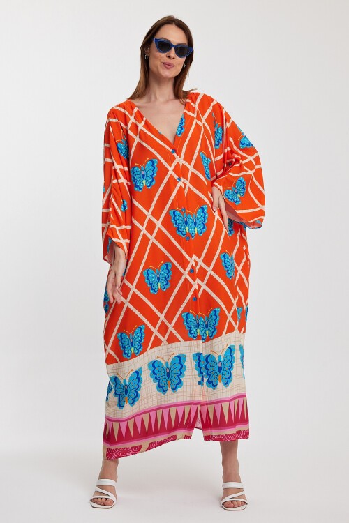 1032 Kadın Desenli Düğmeli Büyük Beden Otanik Gömlek Elbise