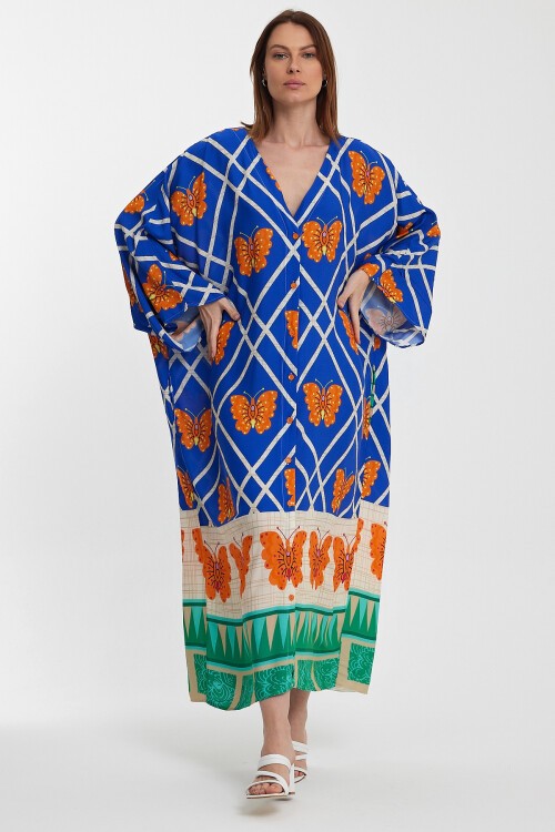 1032 Kadın Desenli Düğmeli Büyük Beden Otanik Gömlek Elbise