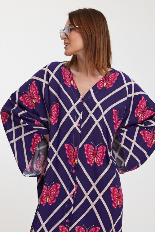 1032 Kadın Desenli Düğmeli Büyük Beden Otanik Gömlek Elbise