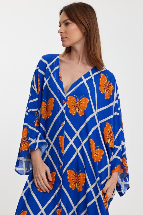 1032 Kadın Desenli Düğmeli Büyük Beden Otanik Gömlek Elbise