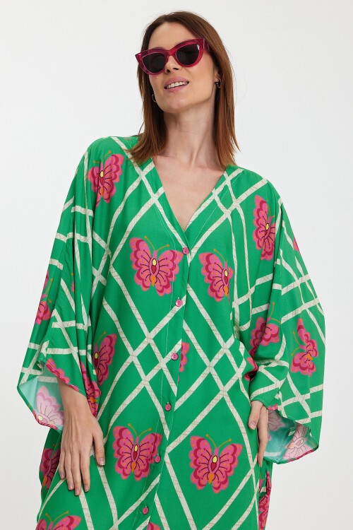 1032 Kadın Desenli Düğmeli Büyük Beden Otanik Gömlek Elbise