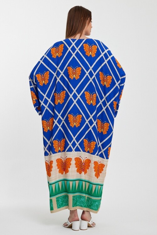 1032 Mavi Kelebek Desenli Gömlek Elbise