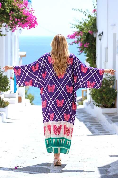 1032 Mor Kelebek Desenli Gömlek Elbise