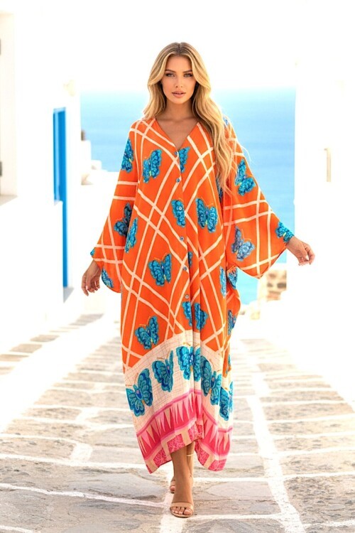 1032 Turuncu Kelebek Desenli Gömlek Elbise