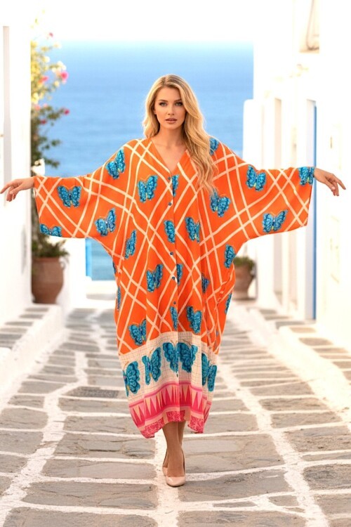 1032 Turuncu Kelebek Desenli Gömlek Elbise