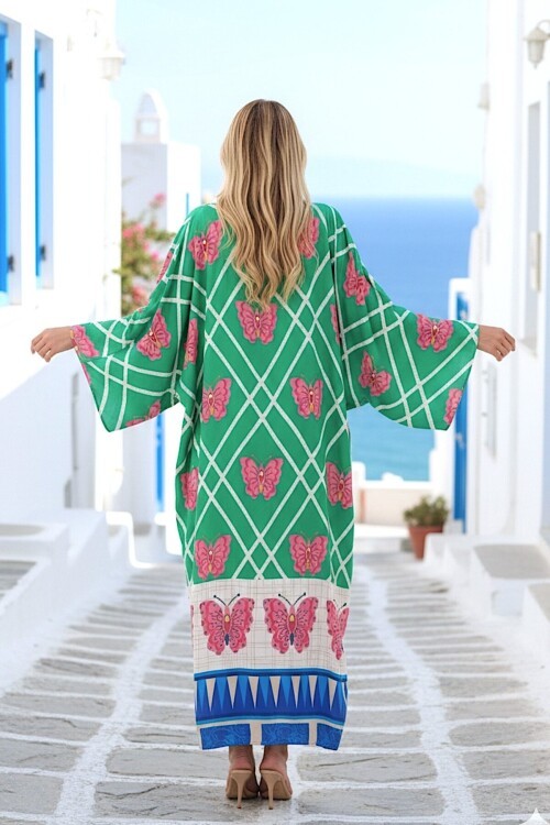 1032 Yeşil Kelebek Desenli Gömlek Elbise