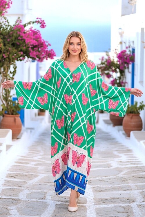 1032 Yeşil Kelebek Desenli Gömlek Elbise