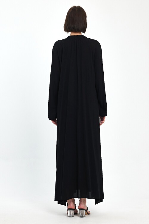 1036 Kadın Yaka Bağcıklı Çiçek Nakış Detaylı Balon Kol Uzun Elbise