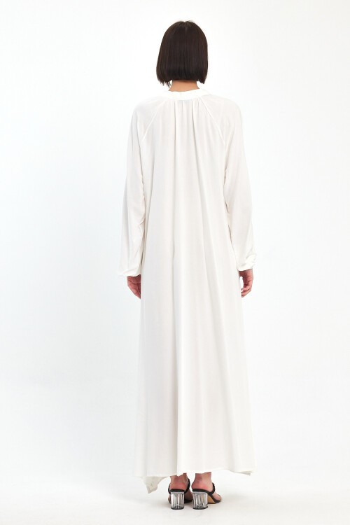 1036 Kadın Yaka Bağcıklı Çiçek Nakış Detaylı Balon Kol Uzun Elbise