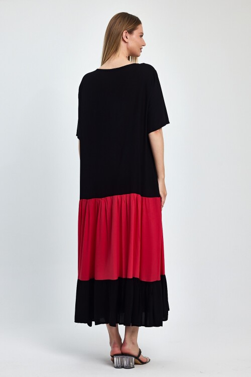 1041 Kadın Bisiklet Yaka Kısa Kol Aplike Nakışlı Uzun Elbise