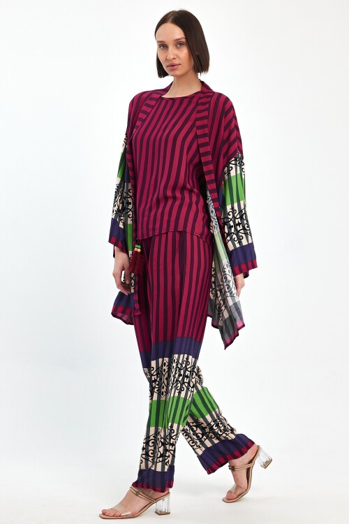 1042 Pembe Şal Desenli Üçlü Viskon Takım