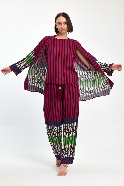 1042 Pembe Şal Desenli Üçlü Viskon Takım