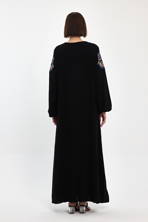 1044 Siyah Kadın V Yaka Nakış Detaylı Balon Kol Uzun Viskon Elbise