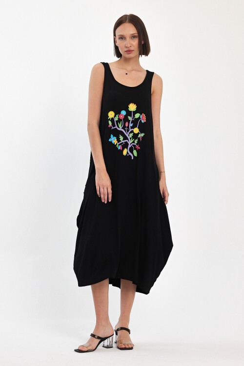 1050 Siyah Çiçek Baskılı Cepli Elbise