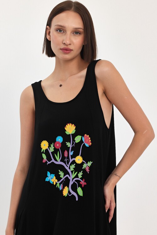 1050 Siyah Çiçek Baskılı Cepli Elbise