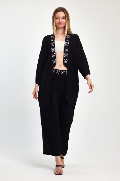 1056 Siyah Pembe Kelebek Desenli Sırt Detaylı Viskon Takım