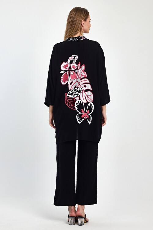 1056 Siyah Pembe Kelebek Desenli Sırt Detaylı Viskon Takım